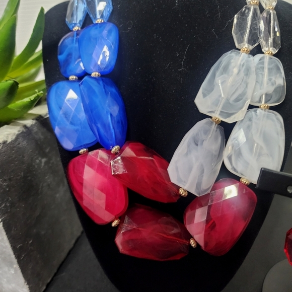 Red White and Blue Double Strand Acrylic Necklace and Earrings Set - Picture 5 of 7